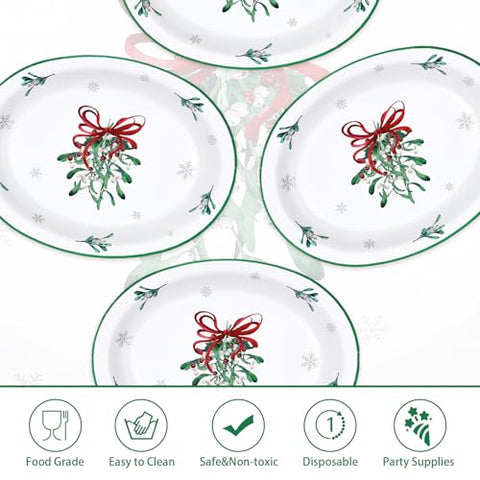 50Pcs Christmas Mistletoe Bow Oval Paper Plates - Grencian