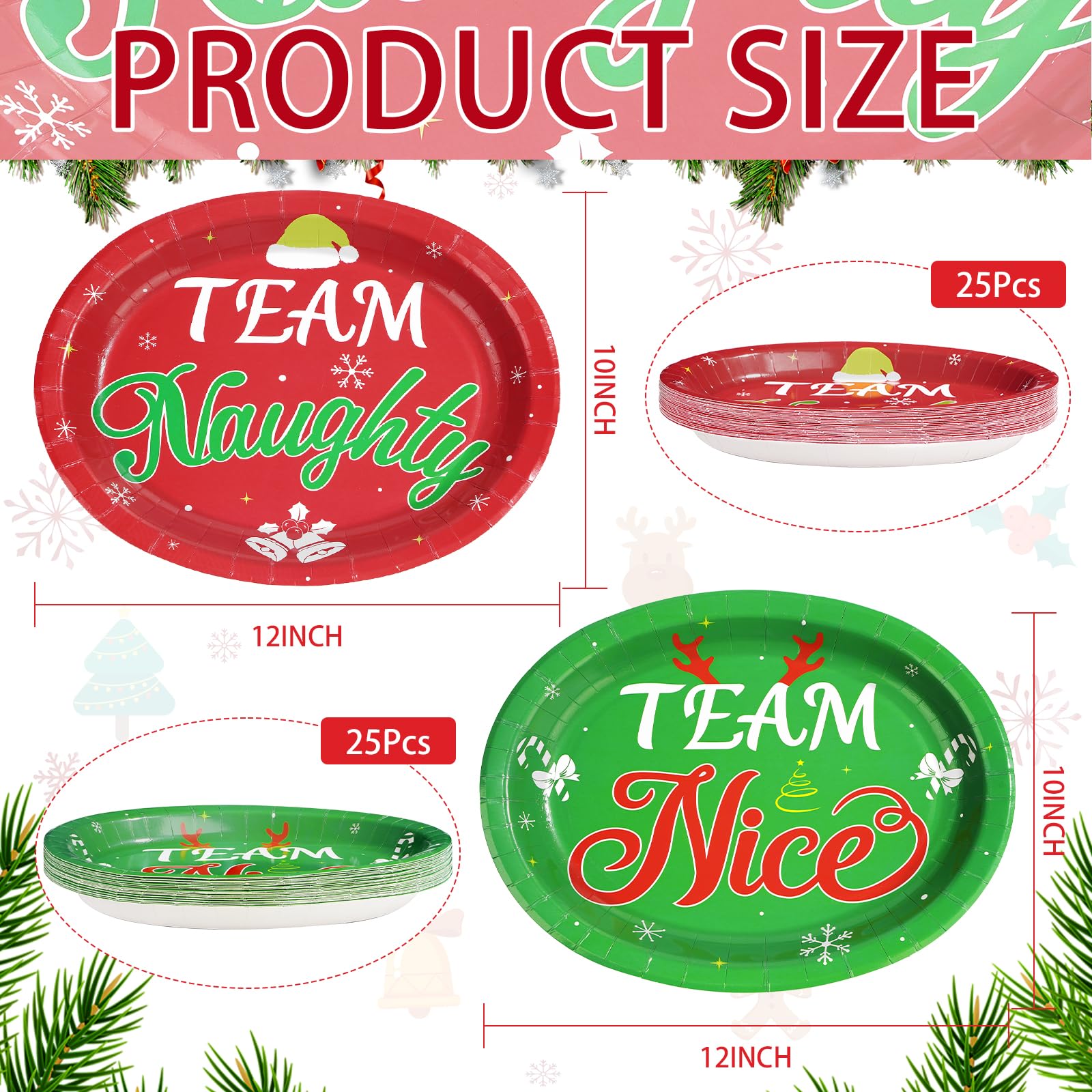 50Pcs Christmas Oval Paper Plates Team Naughty