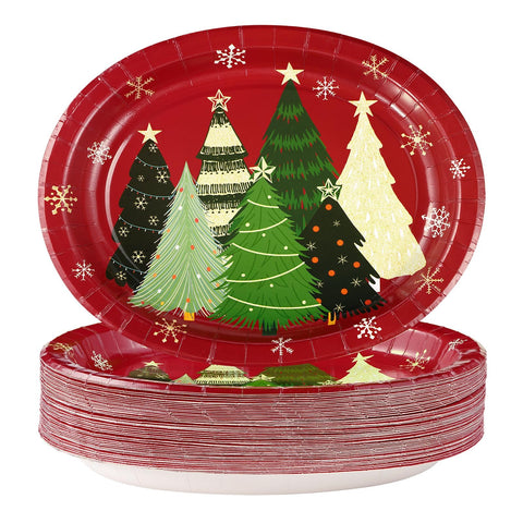 50Pcs Christmas Pine Trees Oval Paper Plates - Grencian