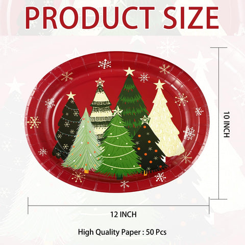 50Pcs Christmas Pine Trees Oval Paper Plates - Grencian