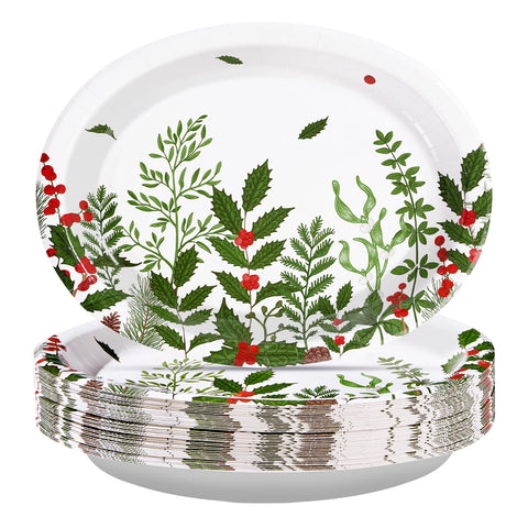 50Pcs Christmas Plant Oval Paper Plates - Grencian