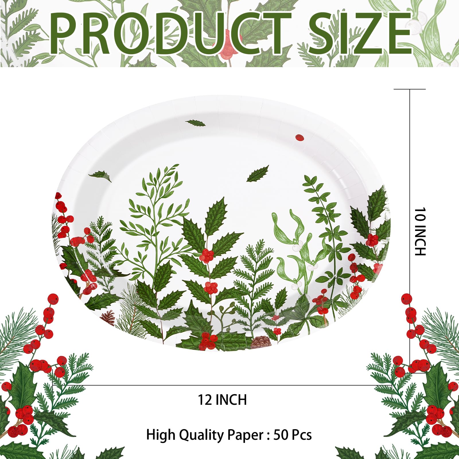 50Pcs Christmas Plant Oval Paper Plates - Grencian