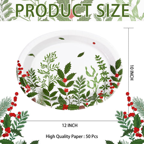 50Pcs Christmas Plant Oval Paper Plates - Grencian