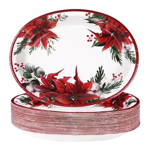 50 Pcs Christmas Poinsettia Oval Party Paper Plates - Grencian