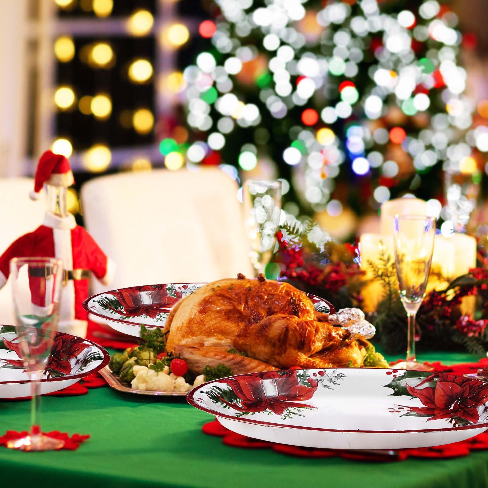 50 Pcs Christmas Poinsettia Oval Party Paper Plates - Grencian
