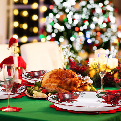 50 Pcs Christmas Poinsettia Oval Party Paper Plates - Grencian