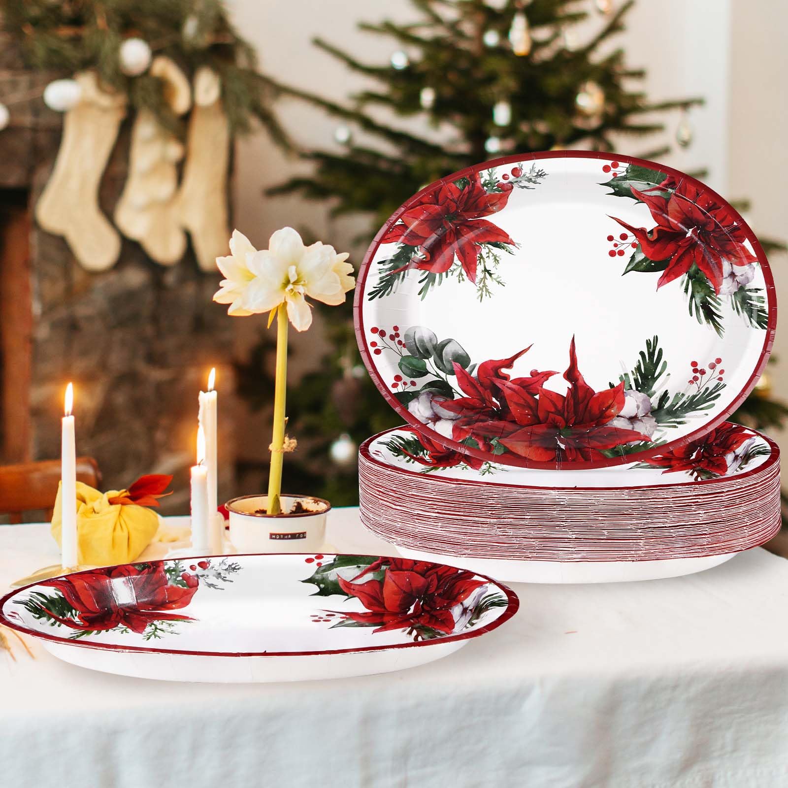 50 Pcs Christmas Poinsettia Oval Party Paper Plates - Grencian