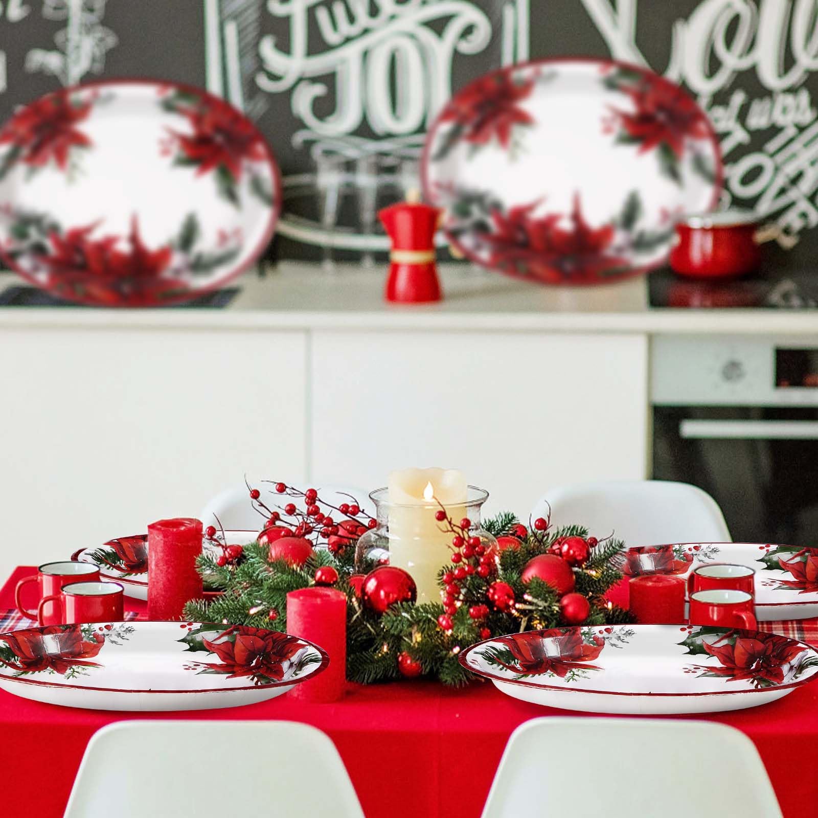 50 Pcs Christmas Poinsettia Oval Party Paper Plates - Grencian