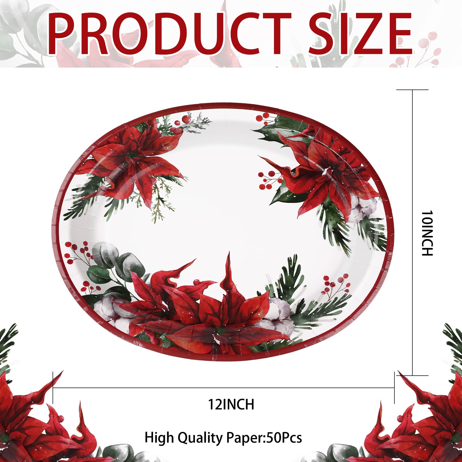 50 Pcs Christmas Poinsettia Oval Party Paper Plates - Grencian