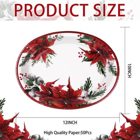 50 Pcs Christmas Poinsettia Oval Party Paper Plates - Grencian