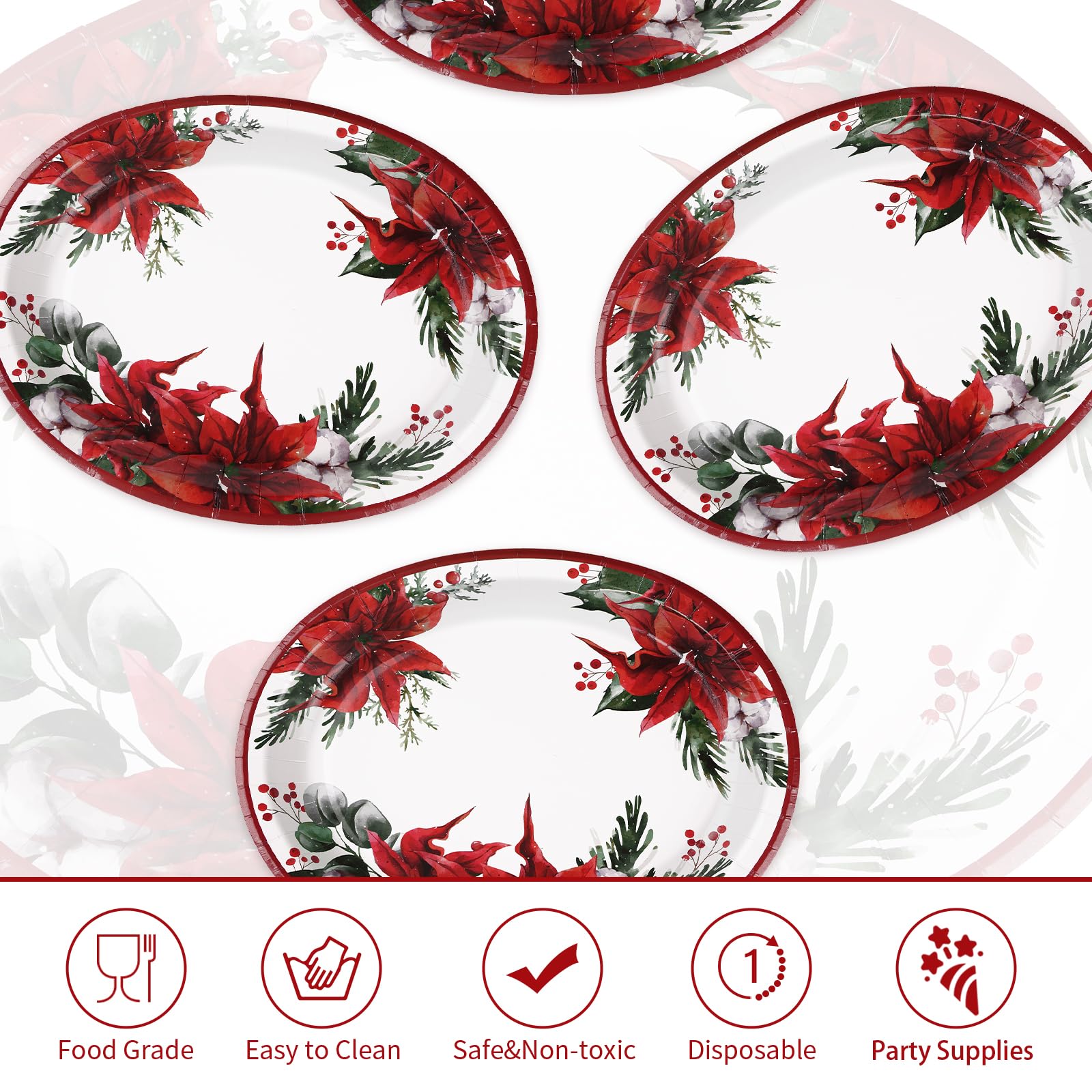 50 Pcs Christmas Poinsettia Oval Party Paper Plates - Grencian