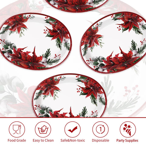 50 Pcs Christmas Poinsettia Oval Party Paper Plates - Grencian