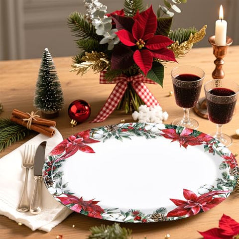 50Pcs Christmas Poinsettia Pine Oval Paper Plates - Grencian