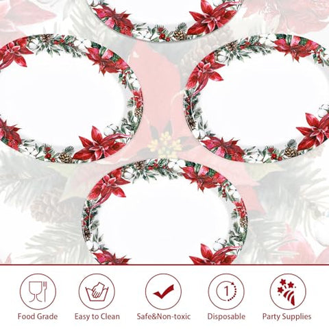 50Pcs Christmas Poinsettia Pine Oval Paper Plates - Grencian