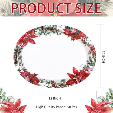 50Pcs Christmas Poinsettia Pine Oval Paper Plates - Grencian