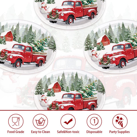 50Pcs Christmas Red House Truck Oval Paper Plates - Grencian