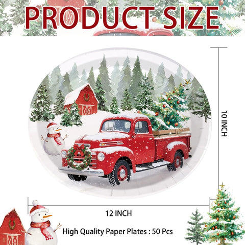 50Pcs Christmas Red House Truck Oval Paper Plates - Grencian