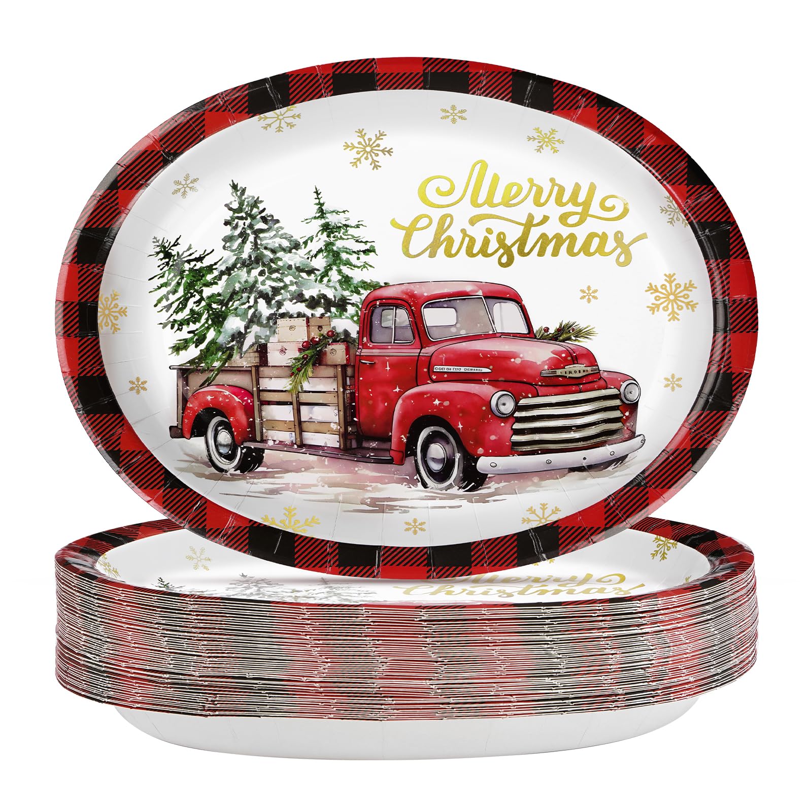 50Pcs Christmas Red Truck Oval Paper Plates - Grencian