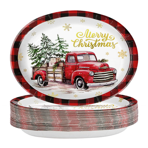 50Pcs Christmas Red Truck Oval Paper Plates - Grencian