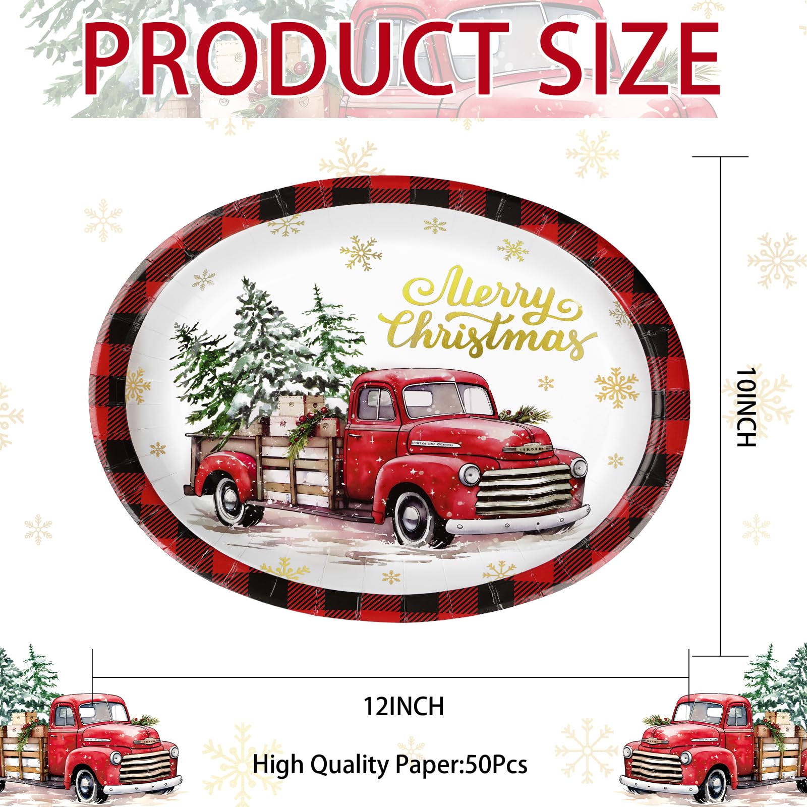 50Pcs Christmas Red Truck Oval Paper Plates - Grencian