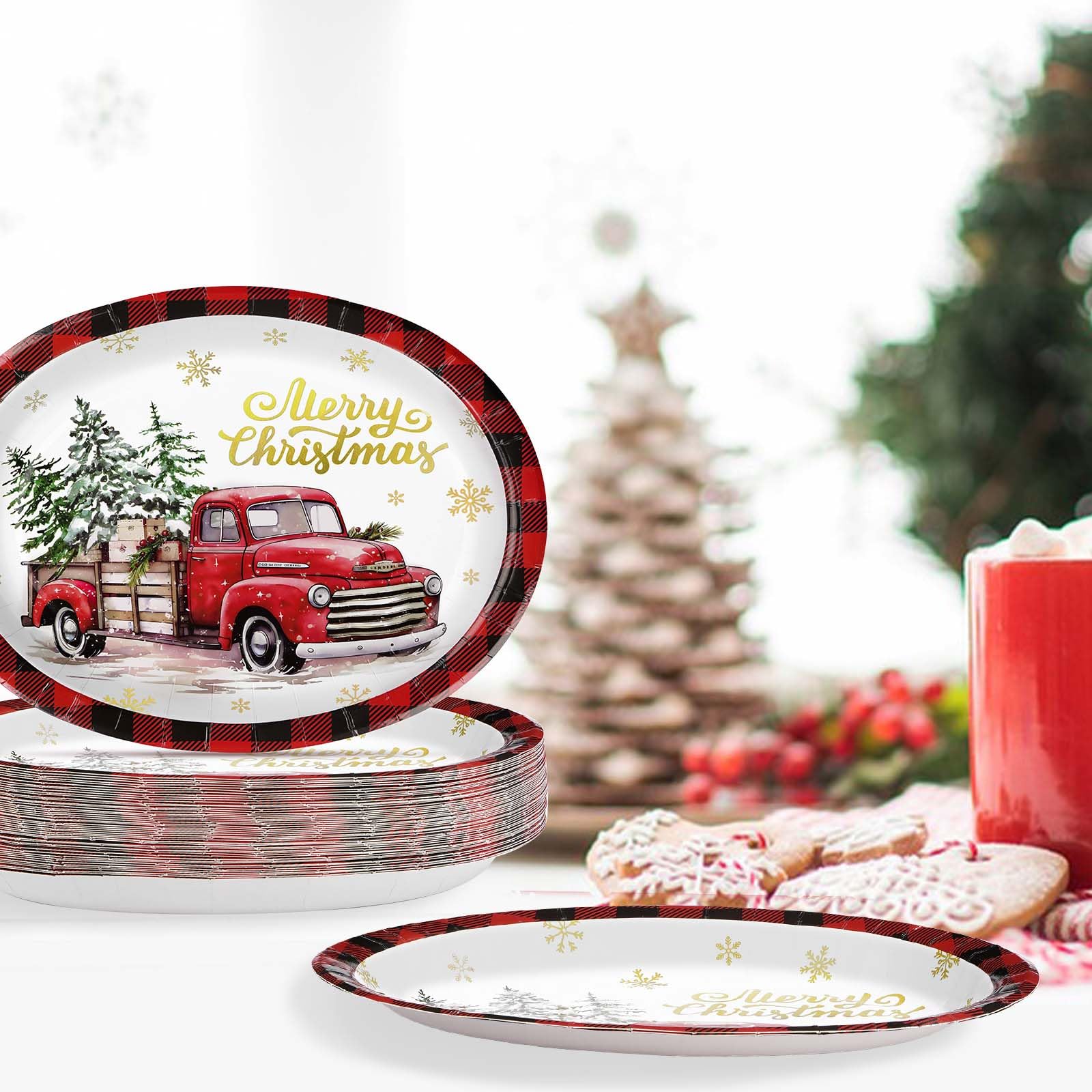 50Pcs Christmas Red Truck Oval Paper Plates - Grencian