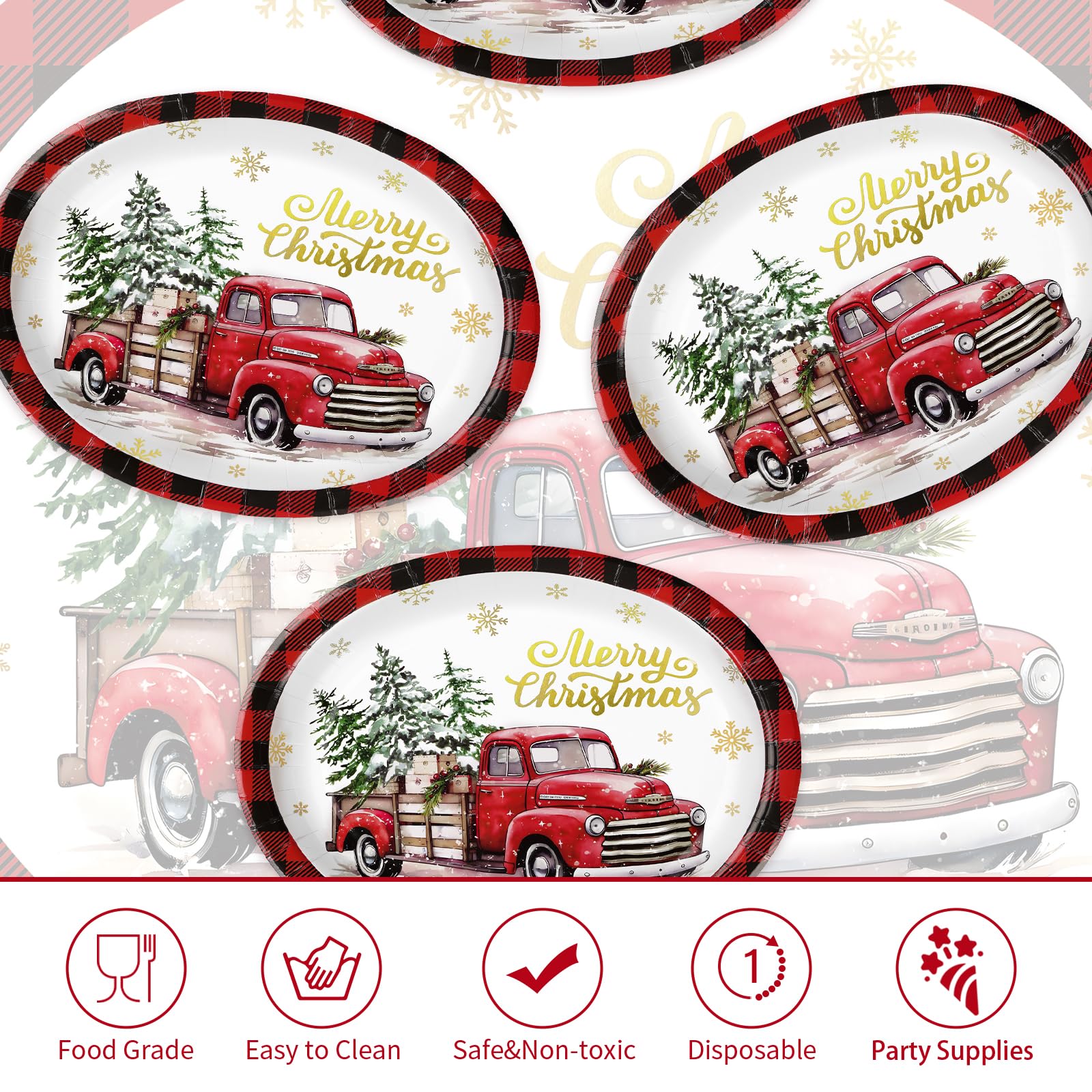 50Pcs Christmas Red Truck Oval Paper Plates - Grencian