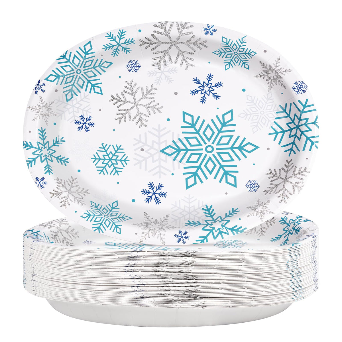 50 Pcs Christmas Snowflake Oval Party Paper Plates - Grencian