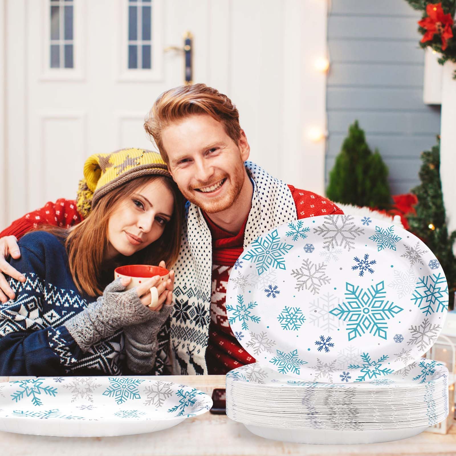 50 Pcs Christmas Snowflake Oval Party Paper Plates - Grencian