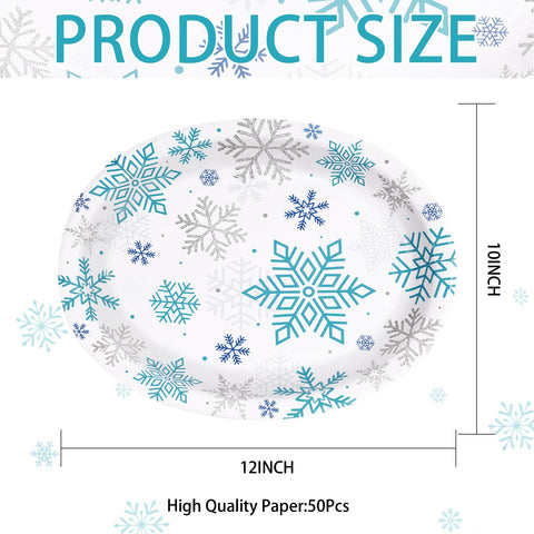 50 Pcs Christmas Snowflake Oval Party Paper Plates - Grencian