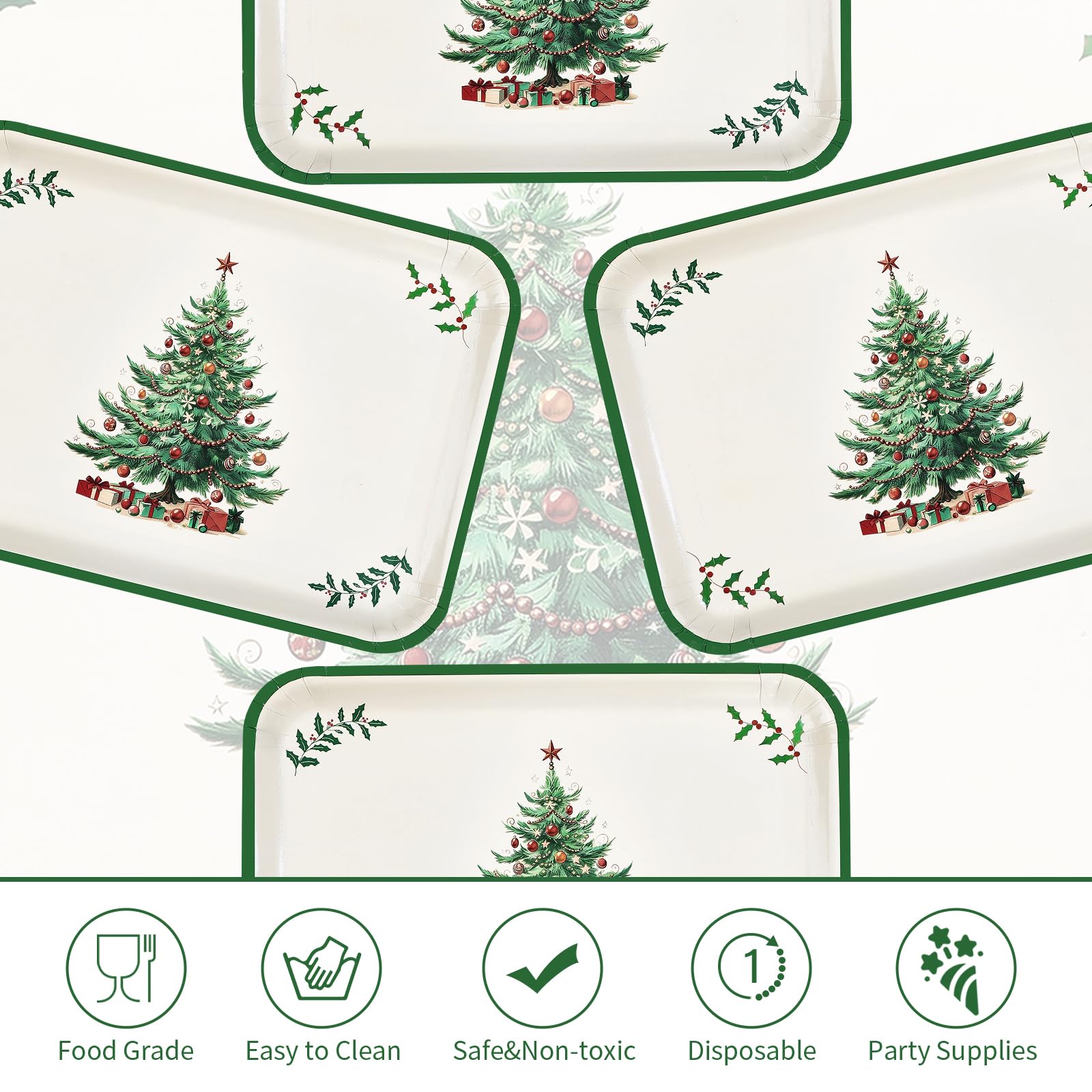 50Pcs Christmas Tree Rectangular Paper Platters - Grencian