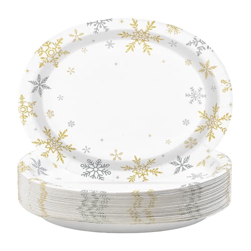 50Pcs Christmas White Snowflake Oval Paper Plates - Grencian