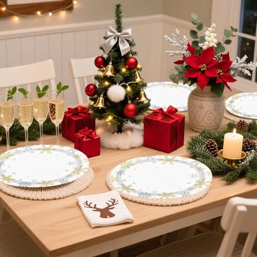 50Pcs Christmas White Snowflake Oval Paper Plates - Grencian