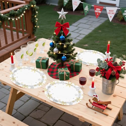 50Pcs Christmas White Snowflake Oval Paper Plates - Grencian