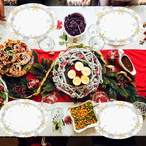 50Pcs Christmas White Snowflake Oval Paper Plates - Grencian