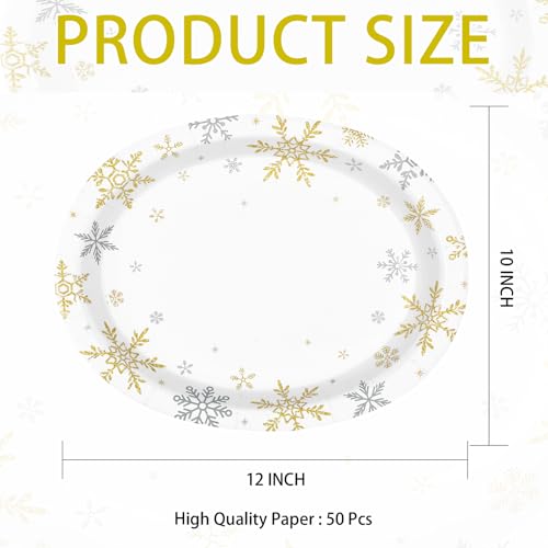 50Pcs Christmas White Snowflake Oval Paper Plates - Grencian