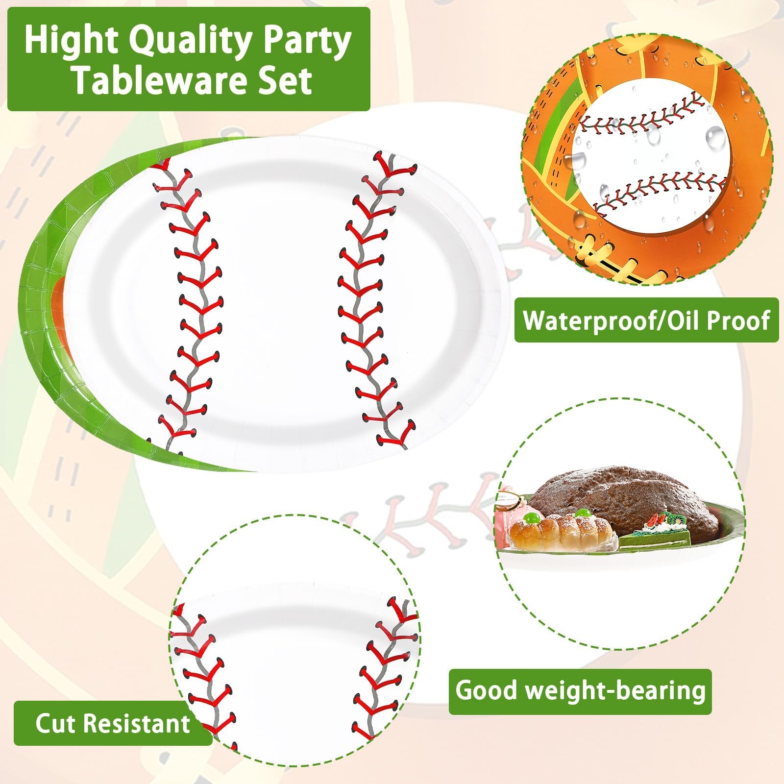 50Pcs Classic Baseball Oval Paper Plates - Grencian