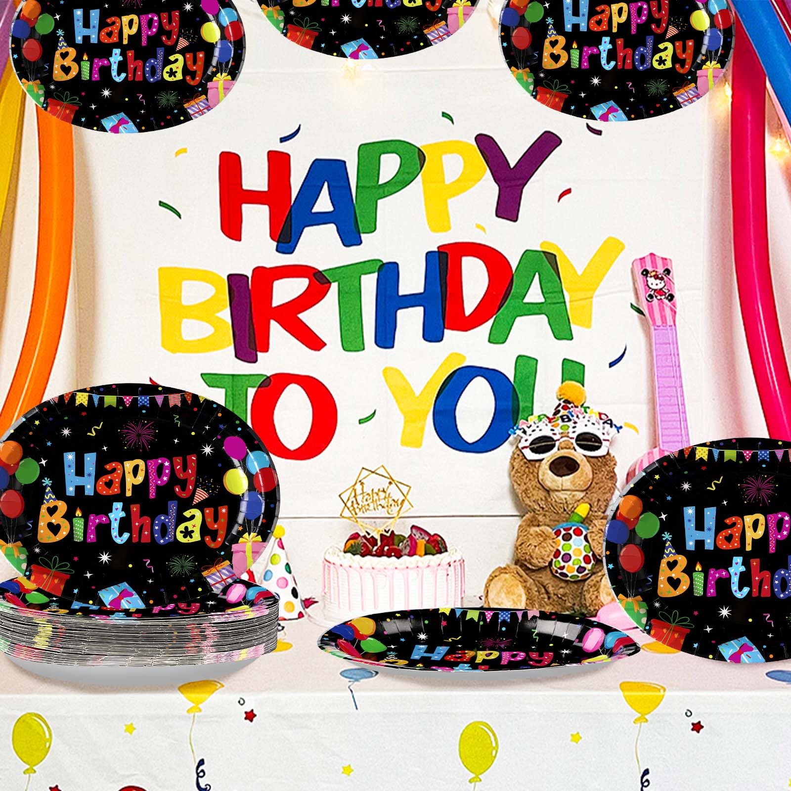 50Pcs Colorful Black Birthday Oval Paper Plates - Grencian