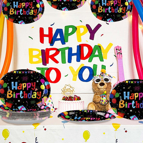 50Pcs Colorful Black Birthday Oval Paper Plates - Grencian