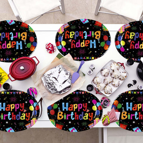 50Pcs Colorful Black Birthday Oval Paper Plates - Grencian