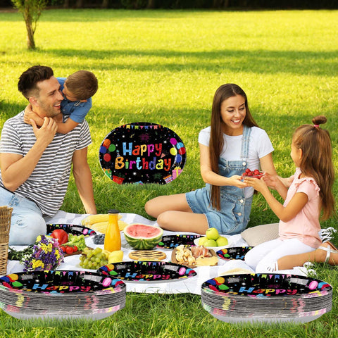 50Pcs Colorful Black Birthday Oval Paper Plates - Grencian