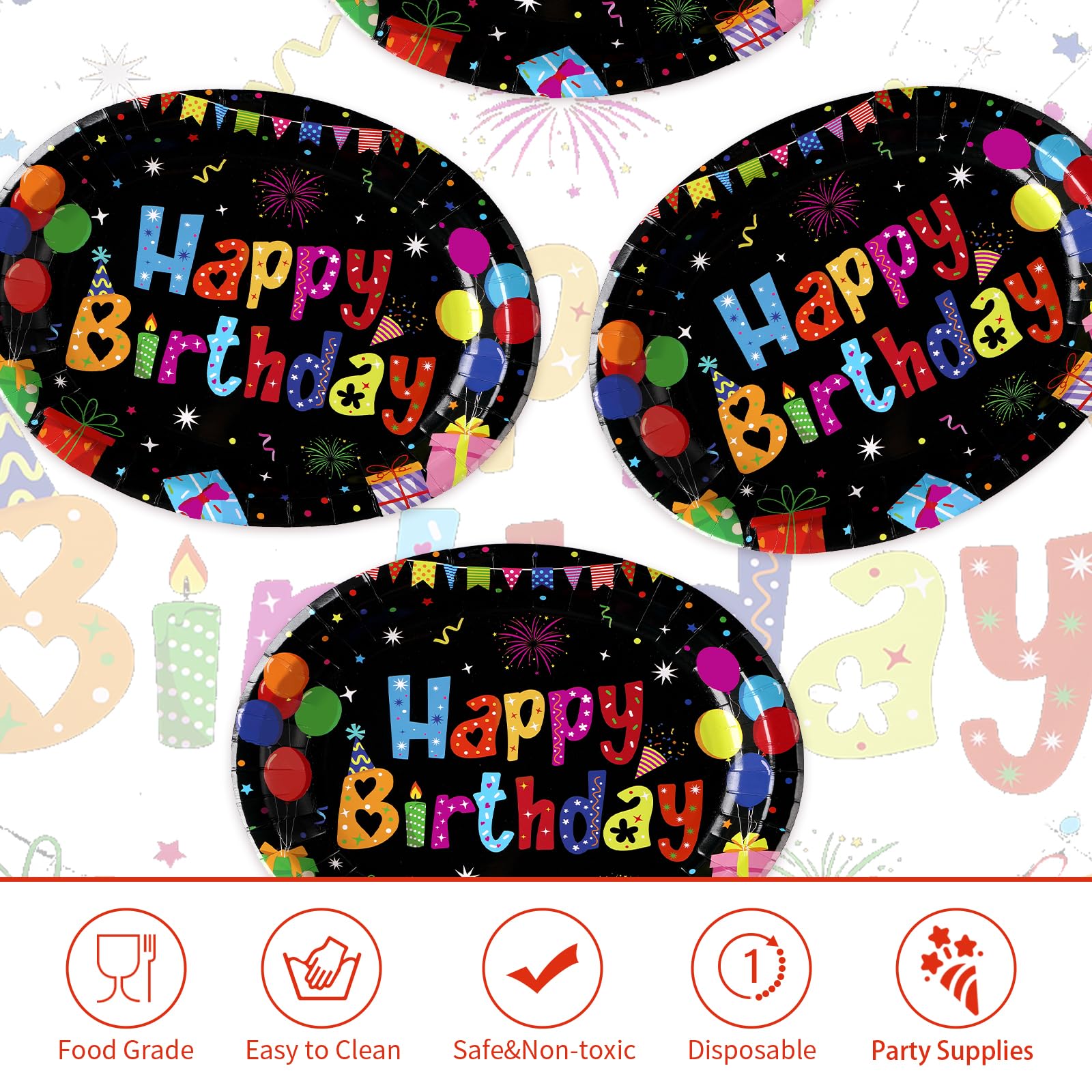 50Pcs Colorful Black Birthday Oval Paper Plates - Grencian