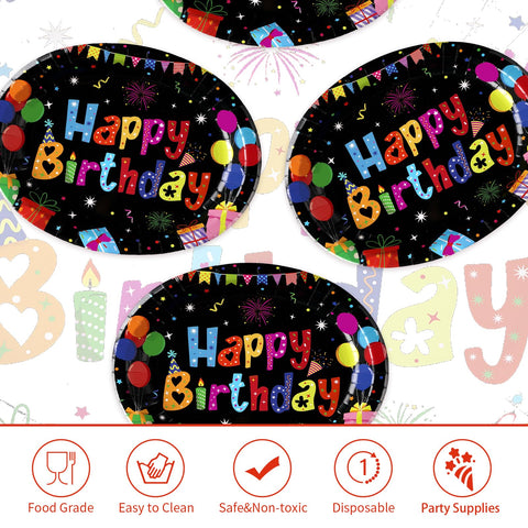 50Pcs Colorful Black Birthday Oval Paper Plates - Grencian