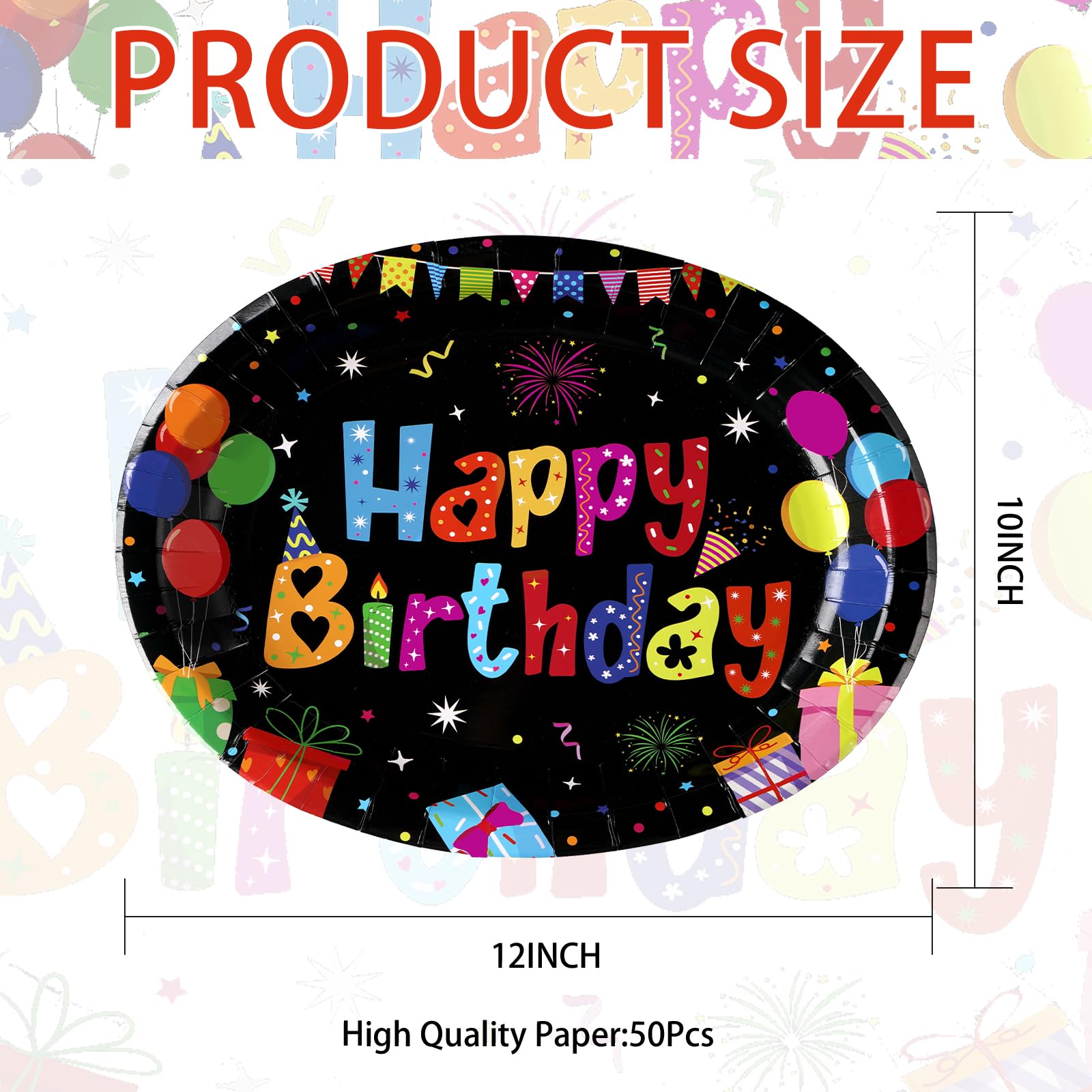 50Pcs Colorful Black Birthday Oval Paper Plates - Grencian
