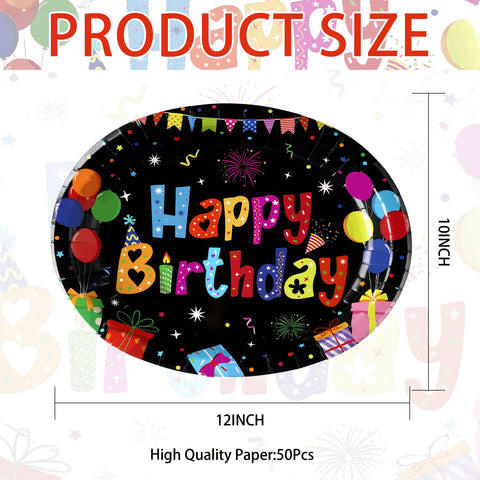 50Pcs Colorful Black Birthday Oval Paper Plates - Grencian