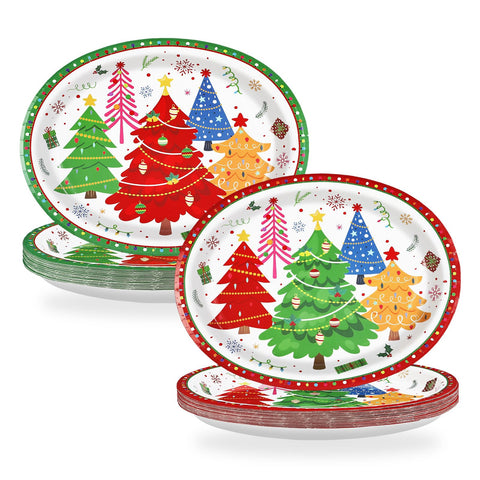 50Pcs Colorful Christmas Tree Oval Paper Plates - Grencian