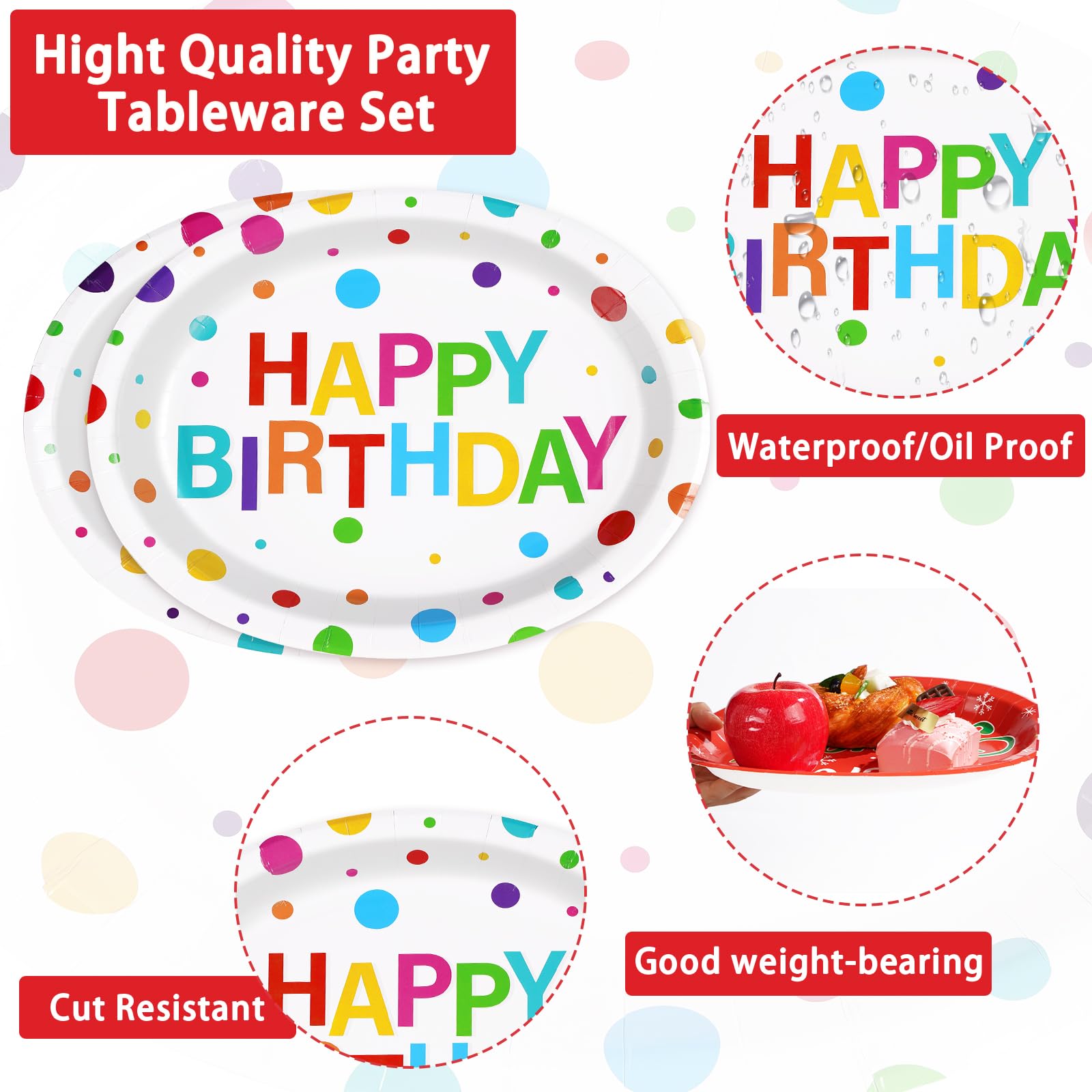 50Pcs Colorful Dots Birthday Oval Paper Plates - Grencian