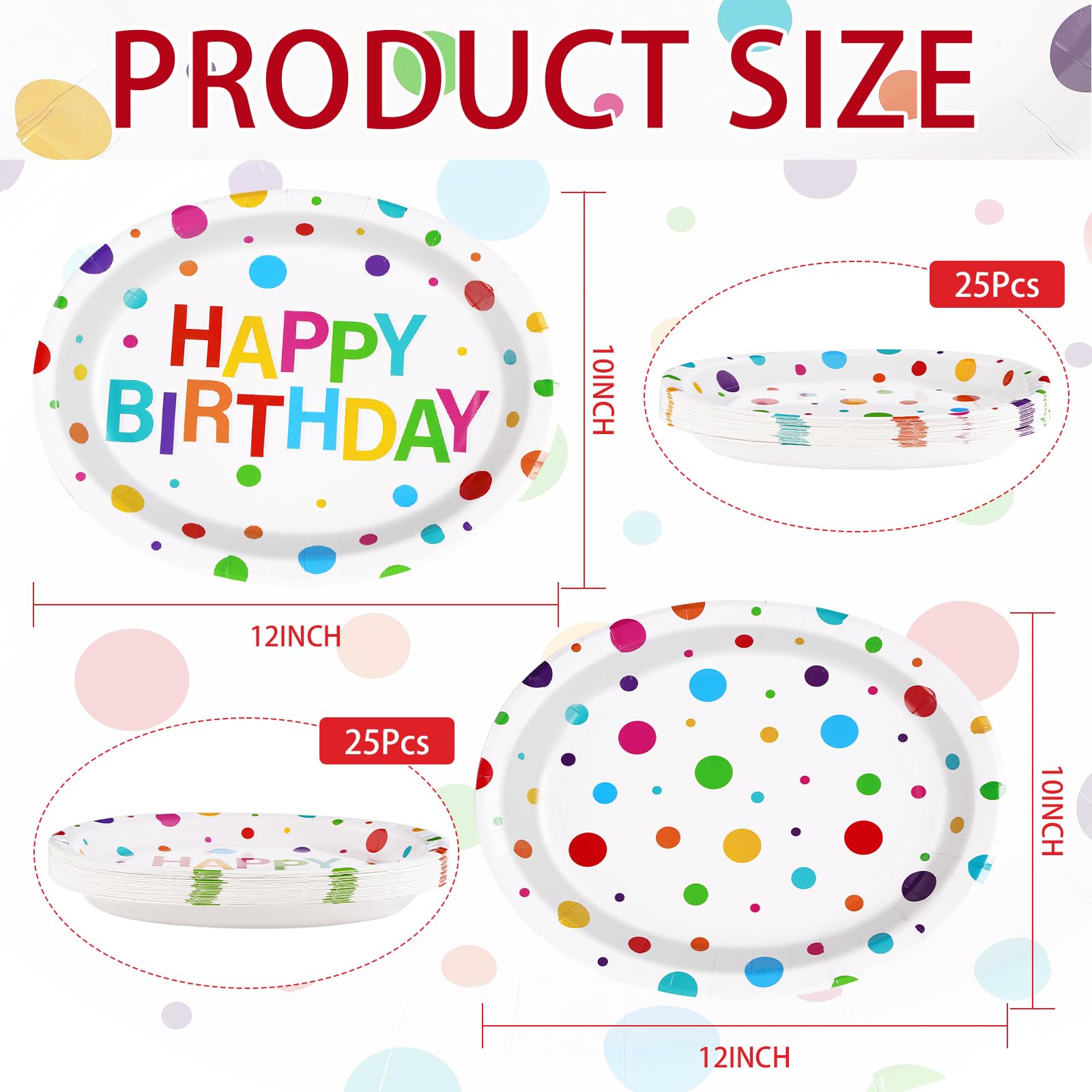 50Pcs Colorful Dots Birthday Oval Paper Plates - Grencian