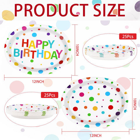 50Pcs Colorful Dots Birthday Oval Paper Plates - Grencian