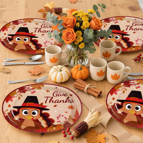 50Pcs Cute Turkey Oval Paper Plates - Grencian