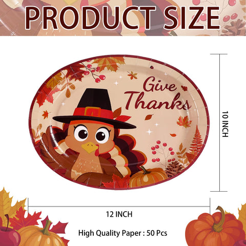 50Pcs Cute Turkey Oval Paper Plates - Grencian
